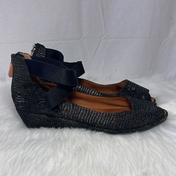 Gentle Souls Lisa Black Sparkly Elastic Ankle Strap Wedge Shoes Sz 10 - Picture 3 of 6